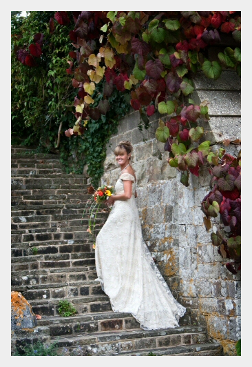 Wedding dress by Felicity Westmacott, Empire line wedding dress in pale gold silk satin and beaded lace: the train trailing up some steps