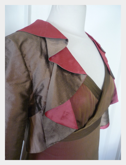  Dress and Bolero for Karen, Mother of the Bride, by Felicity Westmacott. Cerise chocolate silk, v-neck dress and waterfall collar bolero 