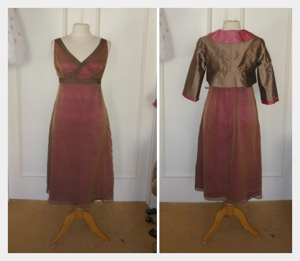  Dress and Bolero for Karen, Mother of the Bride, by Felicity Westmacott. Cerise chocolate silk, v-neck dress and waterfall collar bolero 