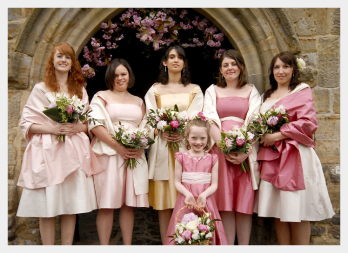 Bridesmaids dresses by Felicity Westmacott, pink ivory and gold silk dupion with sashes and off the shoulder straps
