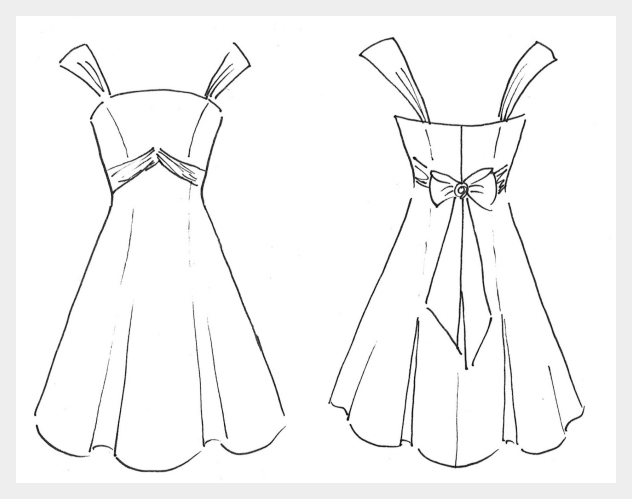 Bridesmaids dresses by Felicity Westmacott, pink ivory and gold silk dupion with sashes and off the shoulder straps: design sketch
