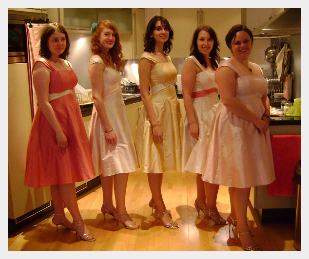 Bridesmaids dresses by Felicity Westmacott, pink ivory and gold silk dupion with sashes and off the shoulder straps