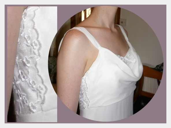 Wedding dress by Felicity Westmacott, bias cut silk crepe with cowl neckline, low back and wing train