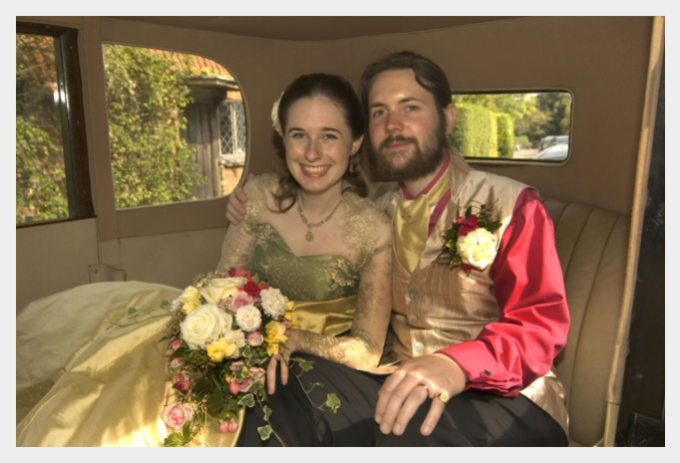 Embroidered wedding dress by Felicity Westmacott: with my new husband in the car