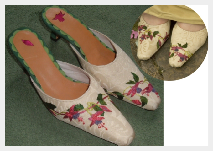 Embroidered wedding dress by Felicity Westmacott: matching embroidered shoes