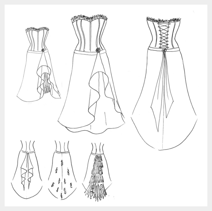 Black and red satin Goth, corset wedding dress by Felicity Westmacott: original design sketch